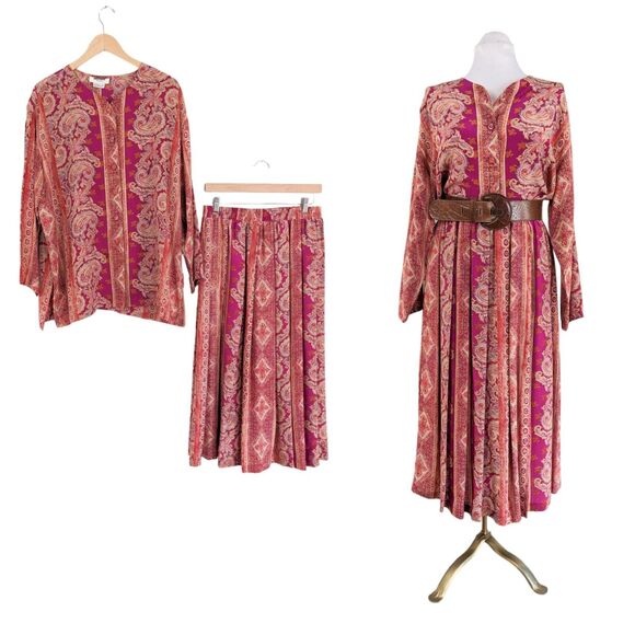Vintage Silk Top Blouse Maxi Skirt Set Floral Paisley Long Button Scarf Pink XL - Picture 1 of 16